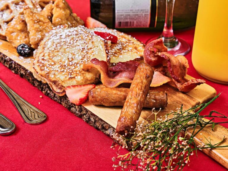 Brunch grazing board with pancakes, Frey’s bacon and pork sausages