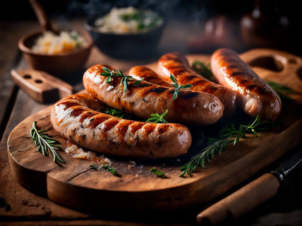 Grilled pork sausages served on a wooden board with fresh herbs for grazing table ideas