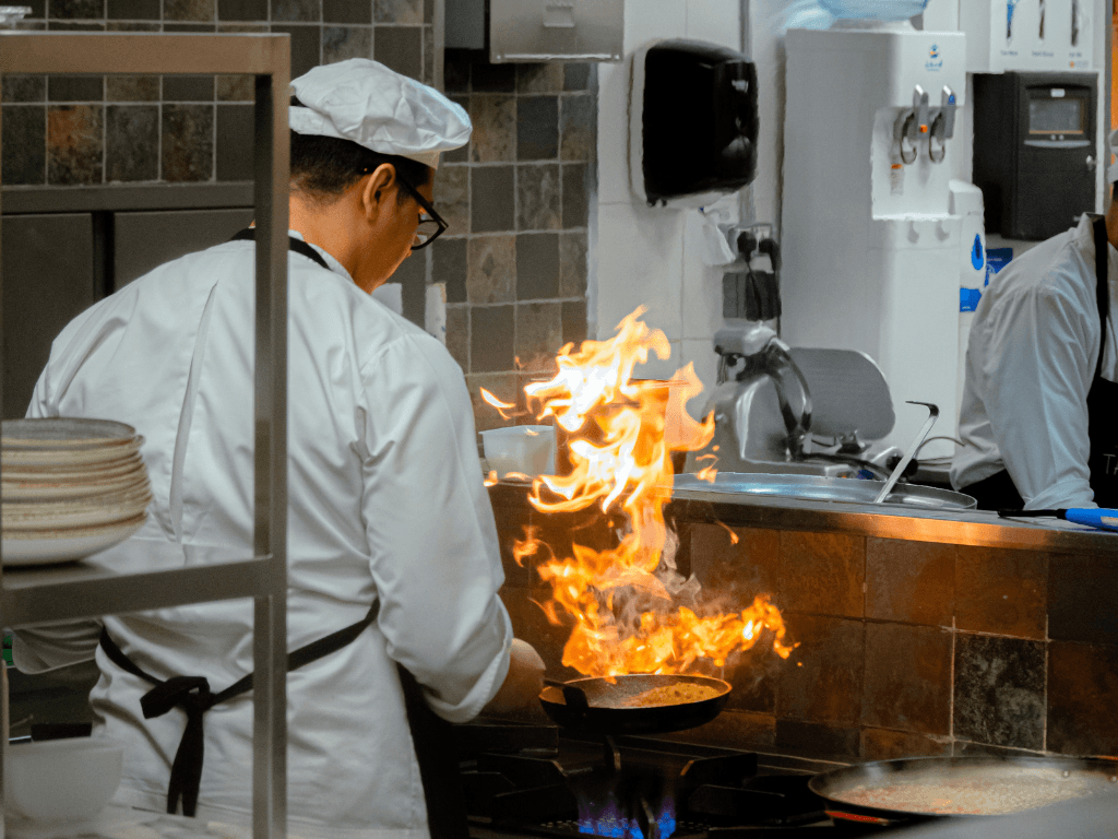 Chef cooking under pressure during peak winter service.